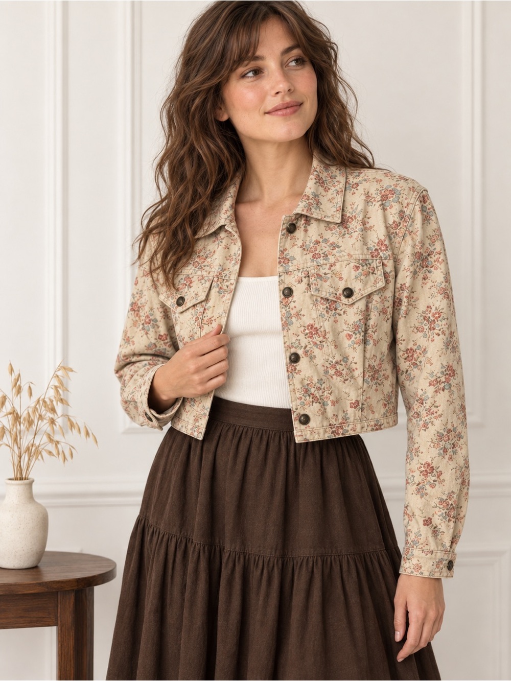 Vintage Calico Floral Cropped Cotton Twill Prairie Jacket M Fall